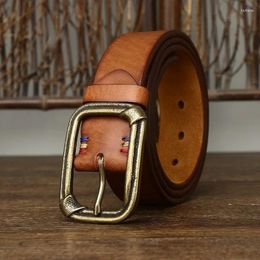 Belts 3.8CM Pure Cowhide Genuine Leather For Men's High Quality Jeans Copper Brass Buckle Cowboy Waistband Male Fashion Designer