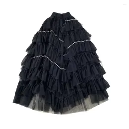 Skirts VANOVICH Gauze Diamonds Patchwork Women's Autumn Korean Style Sweet Elastic Waist Slim A-line Long Ball Gown