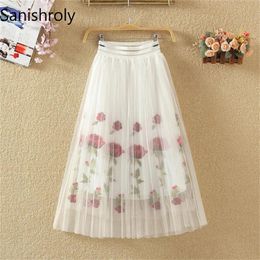 Dresses Sanishroly 2018 New Summer Women Rose Floral Embroidery Mesh Skirt Ladies Elastic High Waist MidLong ALine Pleated Skirts S093