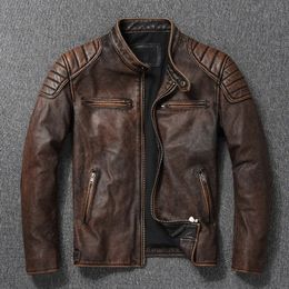 Vintage Yellow Brown Real Cowhide Genuine Leather Jacket Men Motorcycle Coat Mens Biker Clothes Spring Autumn Asian Size 6XL 240102