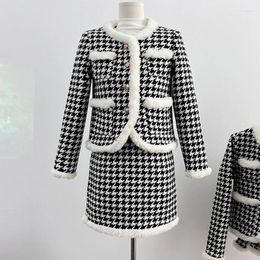 Two Piece Dress European Autumn Winter Houndstooth Thicken 2 Set Women Short Woollen Jacket Coat & Mini Skirt Outfits