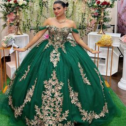 Sparkly Green Off the Shoulder Quinceanera Dresses Golden Appliques Lace Beading Tull Ball Gown Crystatls Vestidos De 15 Anos