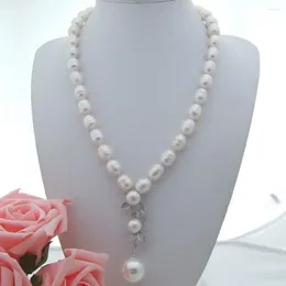 Chains Hand Knotted 11-13 Cm White Rice Freshwater Pearl Necklace Micro Inlay Zircon Leaves Shape Accessories Pendant Long 58