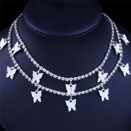 Butterfly Choker Necklaces Gold Silver 2 Layers Designer Animal Pendant Iced Out Chain Fashion Rhinestone Hip Hop Bling Jewellery Wo204I