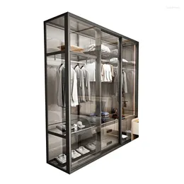 Hangers Light Luxury Door Bedroom Sliding Cloakroom Casement Tempered Glass Wardrobe Aluminum Alloy