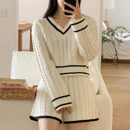 Women's Tracksuits WDMSNA Korean Chic Autumn Casual V-neck Twists Pattern Loose Long Sleeve Knitted Sweater High Waist Versatile Shorts Suit
