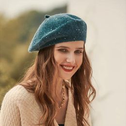 Berets Fashion Women Fall Winter Warm French Sequin Beret Cap Office Lady Outdoor Casual Shopping Cloche Vintage Hat Girl Party Gift