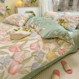 Bedding Sets Bright Vibrant Colorful Tulip Floral Printed Duvet Cover Cotton Lovely Set Soft Comforter Bed Sheet Pillocases