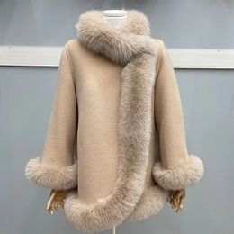 Fashion Natural Winter Fur Coat Real Fox Fur Collar Cashmere Wool Woollen Women Jacket Luxury Outwear Ladies Female Coat 240102