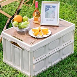 Camp Furniture Folding Outdoor Camping Plastic Storage Box Wooden Lid Portable Stackable For Household Large Capacity Organiser