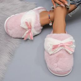 Slippers 2024 Winter Bow Fluffy Women Fashion Cotton Shoes Female Cute Home Flat Soft Sole Non-Slip Zapatos