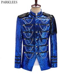 Royal Blue Sequin Embellished Military Blazer Jacket Men Stage Party Prom Mens Tuxedo Suit Jacket Singer Show DJ Costume Homme 240102