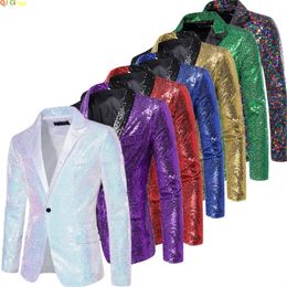 Shiny Sequin Suit Jacket Men's Stage Performance Coat White Silver Blue Red Purple Blazers V-neck Single Button S M L XL XXL 240102