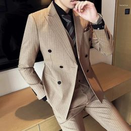 Men's Suits 2024 Autumn/Winter Striped Suit Set Double Breasted Three Piece