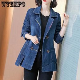 WTEMPO Women;s Double Breasted Buttoned Up Long Sleeve Outcoat Notched Lapel Denim Jacket Ladies Blazer Shacket Midi Outerwear 240103