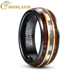 Wedding Rings BONLAVIE 8mm Black Gold Inlaid Wood Grain Abalone Shell Tungsten Carbide Men039s Ring Fashion Jewelry1047408