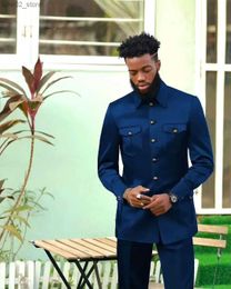 Men's Suits Blazers Africa Stand Collar 4 Pockets Safari Style Dark Blue Full Male Suits Wedding Clothing Blazer Trousers 2pcs Jacket Pants Men Sets Q230103