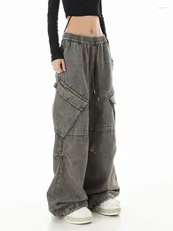 Women's Jeans Design Women Waist Elastic Trousers Casual Streetwear Clubwear Drawstring Hiphop Grey Cargo Pants Baggy Pockets Unisex