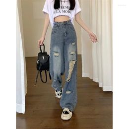 Women's Jeans Vintage Blue Fashion Streetware Trend Holes Straight Trousers High Waist Baggy Wide-leg Pants Y2k