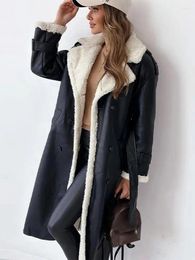 Women's Leather Women Double-sided Fur Long Jacket Lapel Pocket With Belt Lambswool Female Coat Autumn Winter Sleeve Warm Overcoat