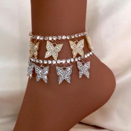 Anklets Flatfoosie 2024 Fashion Crystal Butterfly For Women Summer Barefoot Ankle Bracelet Rhinestone Foot Chain On Leg Jewelry