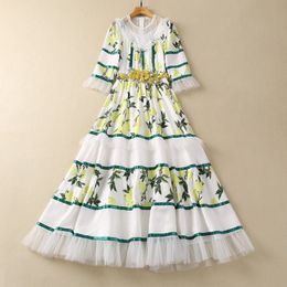 European and American women's clothes 2024 spring new Floral decoration seven-quarter sleeves Lemon print pleated dress XXL