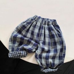 Trousers Children's Retro Blue Plaid 2024 Spring Autumn Korean Boys And Girls Double-Layer Cotton Casual Harem Pants