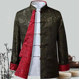 Men's Casual Shirts Tang Suit Coat Retro Long Sleeved Reversible Chinese Style Traditional Clothing Keep Warm Stand Collar Vintage Chinese Shirt