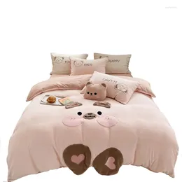 Bedding Sets Cute Cartoon Bear Soft Comfortable Velvet Fleece Towel Embroidery Set Duvet Cover Linen Fitted Sheet Pillowcases