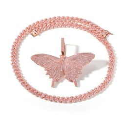 Hip Hop Rose Gold Butterfly Pendant Necklaces Pink Cuban Link Chain Tennis Chain For Men Women Iced Out Cubic Zircon Fashion Jewel6571995