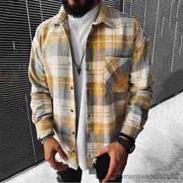 Men's Casual Shirts Autumn Winter New Men's Blue White Check Long Sleeve Shirt Casual Stand Collar Pocket Warm Jacket Coat Male Laple Blouse