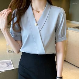 Women's Blouses Summer Elegant Stain White 2024 Short Sleeve Diamond Print Cross V-Neck Casual Office Shirts Tops Female