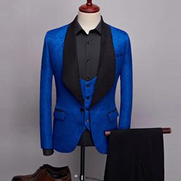 Blazers 2023 New Men's Casual Boutique Business Big Black Collar Suit / Male Jacquard Dark Pattern Blazers Jacket Pants Vest 3 Pcs Set