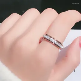 Cluster Rings Luxury Rose Gold Colour Rotatable Square Zircon Stainless Steel Ring For Women Romantic Engagement Wedding Party Jewellery Female