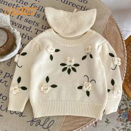 Sweet Baby Girls Sweaters Autumn Kids Baby Girls Long Sleeve Flower Embroidery Knitting Pullovers Children Sweaters 240103