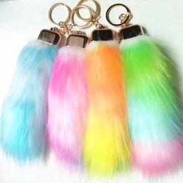 Gemstones 12pcs/lot Rainbow Colour Fur Tails Keychains Faux Fox Fur Pompon Car Key Ring Women Bag Charms Fox Fur Tail Off White Key Chains