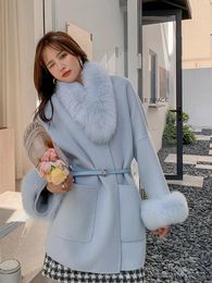 Jackets Cxfs 2022 New Natural Fox Fur Collar Sleeve Hair Cashmere Wool Blends Winter Women Jacket Real Fur Coat Warm Outerwear