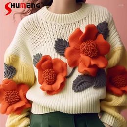Women's Sweaters Brown-Colored Knitted Sweater Coat Product Japanese Leisure Soft And Comfortable Cute Flowers Pullovers