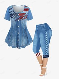 Women's Two Piece Pants ROSEGAL Plus Size Outfits 3D Jeans American Flag Printed Tee And Capri Leggings Patriotic Graphic Oversize Matching