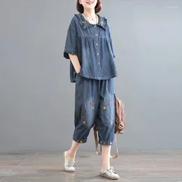 Women's Two Piece Pants Denim Set Summer Loose And Thin 2024 Covering Meat Vintage Embroidery Casual Tide Z90