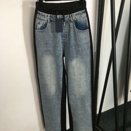 Basic & Casual Dresses Elegant Women's Blue Black Color Combination Drawstring High Waist Straight Denim Pants