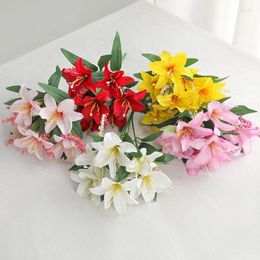 Decorative Flowers 33CM Artificial Flower Red 7-head Mini Lily Bouquet Wedding Decoration Wall Landscaping Home