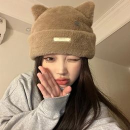 Bear Rabbit Ears Cap for Women Plush Knitted Warm Cold Proof Ear Protection Hair Ball Windproof Pratical Hat 240103