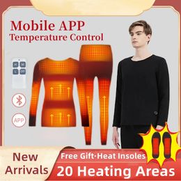 Winter Heating Underwear Set USB Battery Powered Electric Heated Warm Tops Pants Smart Phone Control Temperature Ski Underwear 240103