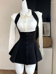 Work Dresses 2024 Summer Korean Fashion Y2k Two Piece Sets Office Lady Skirt Lapel Cardigan Crop Tops Suspender Elegante Mini