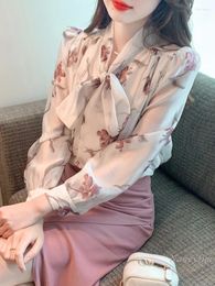 Women's Blouses Floral Chiffon Shirt Spring Clothes 2024 Youthful-Looking Top High-Grade Beautiful Bow Tie Collar Long Sleeve Shirts