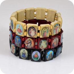 Bangle 36x Wooden Rosary Beads Bracelet JESUS SAINTS Maria Angel Fashion Catholic Christian Orthodox Religious Jewellery