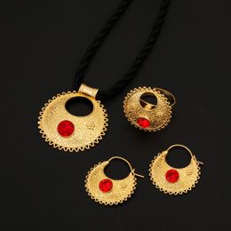 Blue Red Green Stone Ethiopian Pendant Necklaces Earrings Ring Gold Colour Africa Bride Wedding Jewellery Set 240103