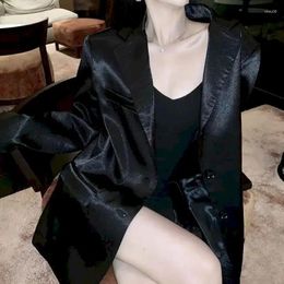 Women's Suits Lnsozkdg Blazer Women Luxury Shiny Black Female Coats Spring High Street Fashion Loose Medium Length Temperament SATIN Top