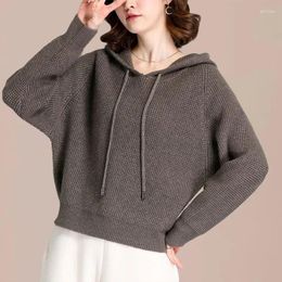 Women's Sweaters Autumn And Winter Pullover Hooded Drawstring Solid Screw Thread Bat Sleeve Sweater Knitted Casual Tops